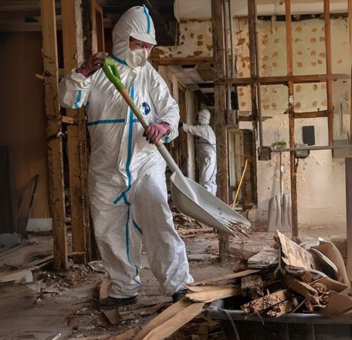 Untitled (726 x 700 px) Workers In Protective Suits Cleaning Debris In A Damaged Building